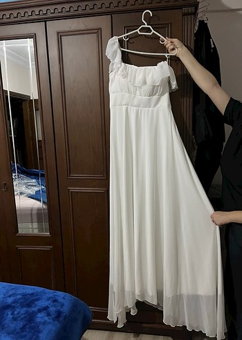 Beyaz Drapeli Uzun Straplez Elbise - Görsel 2