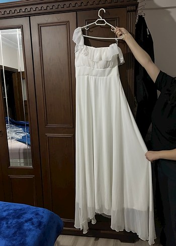 Beyaz Drapeli Uzun Straplez Elbise - Görsel 4