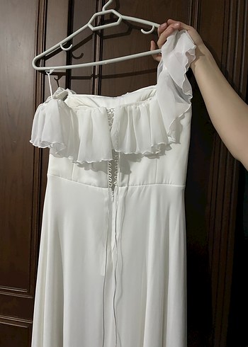 Beyaz Drapeli Uzun Straplez Elbise - Görsel 8