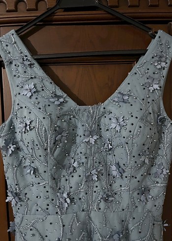 Mavi Nakışlı Dantel Uzun Abiye Elbise - Görsel 3