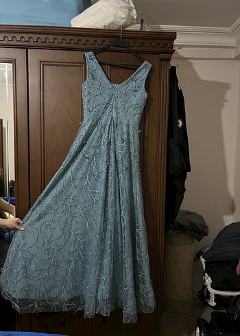 Mavi Nakışlı Dantel Uzun Abiye Elbise - Görsel 6