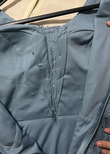 Mavi Nakışlı Dantel Uzun Abiye Elbise - Görsel 9