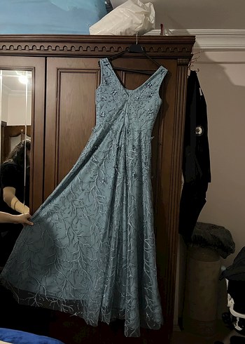 Mavi Nakışlı Dantel Uzun Abiye Elbise - Görsel 5