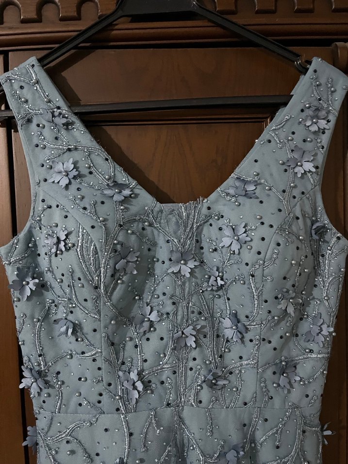 Mavi Nakışlı Dantel Uzun Abiye Elbise - Görsel 3