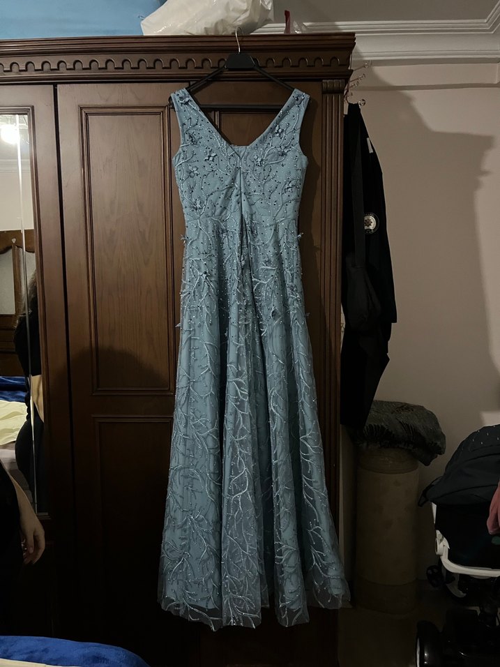 Mavi Nakışlı Dantel Uzun Abiye Elbise - Görsel 4