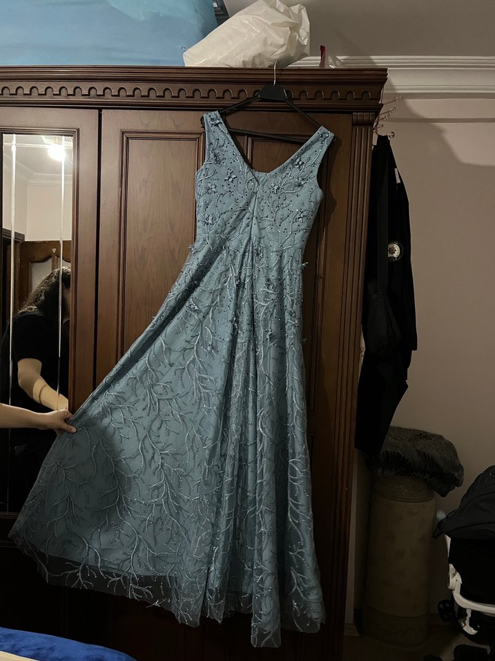 Mavi Nakışlı Dantel Uzun Abiye Elbise - Görsel 5