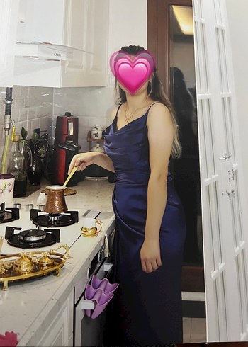 Lacivert V Yaka Drapeli Midi Abiye Elbise - Görsel 2