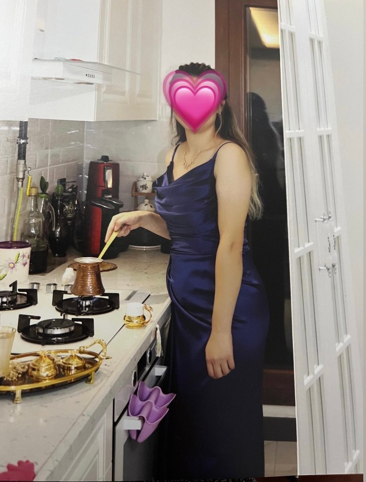 Lacivert V Yaka Drapeli Midi Abiye Elbise - Görsel 2