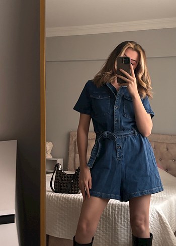 Kadın Mavi Denim Kısa Tulum - Görsel 2