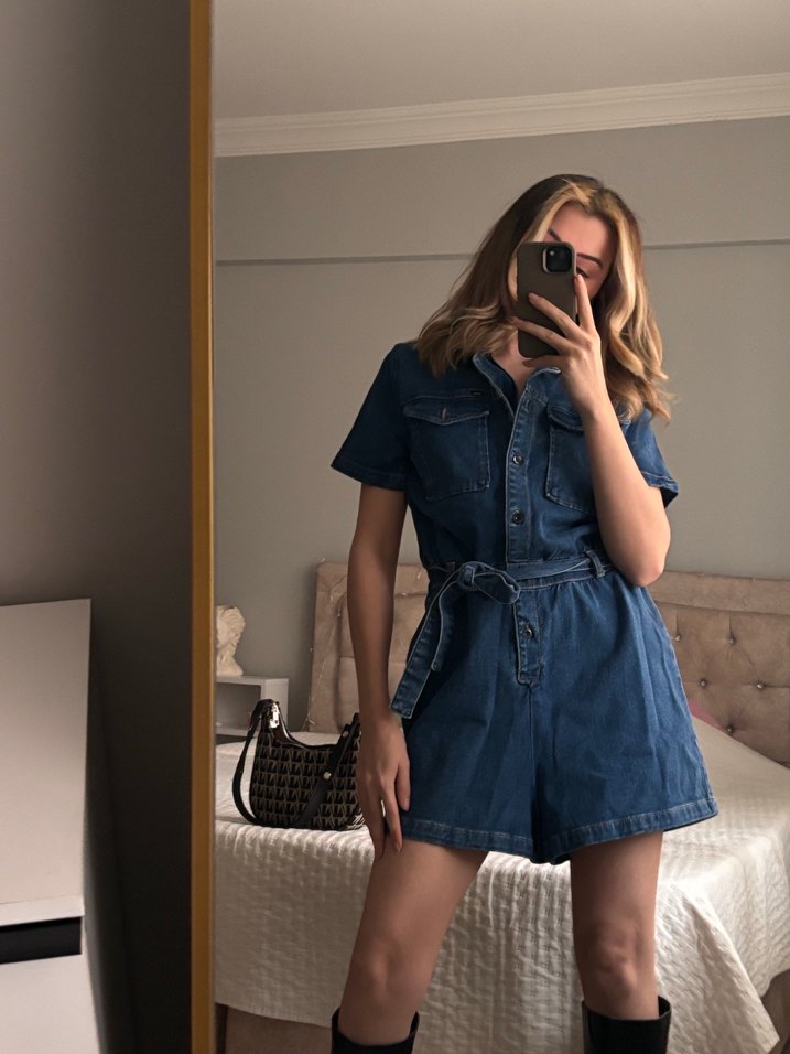 Kadın Mavi Denim Kısa Tulum - Görsel 2