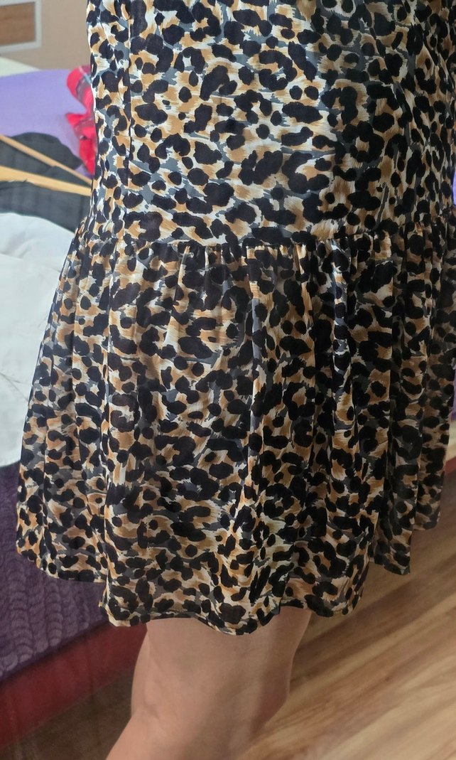 Kahverengi Leopar Desenli Uzun Kollu Mini Elbise - Görsel 4