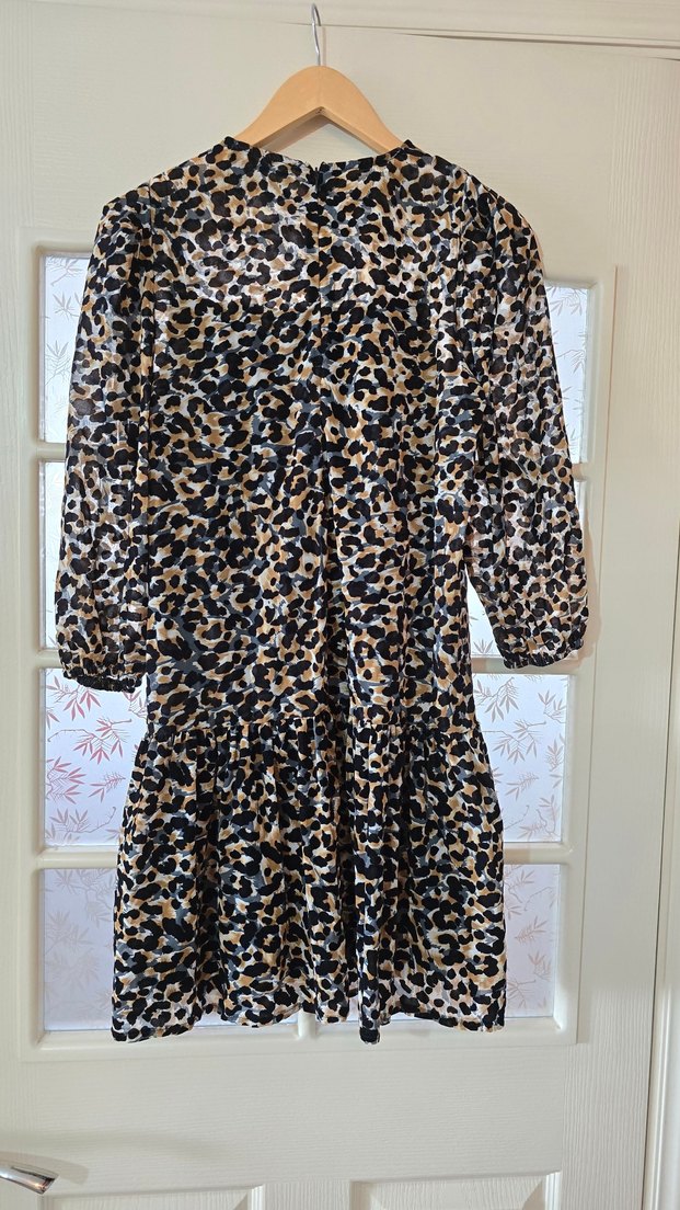 Kahverengi Leopar Desenli Uzun Kollu Mini Elbise - Görsel 2