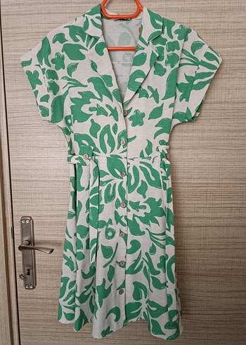 Yeşil Desenli Bohem Keten Midi Elbise - Görsel 2