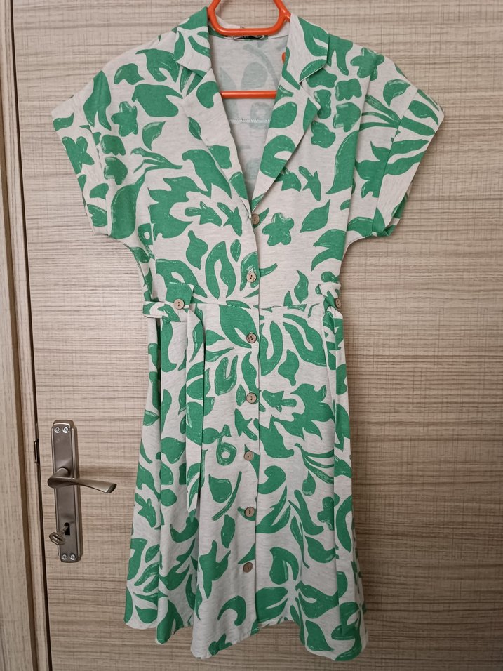 Yeşil Desenli Bohem Keten Midi Elbise - Görsel 2