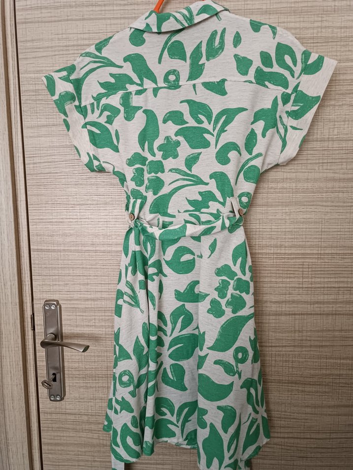 Yeşil Desenli Bohem Keten Midi Elbise - Görsel 3