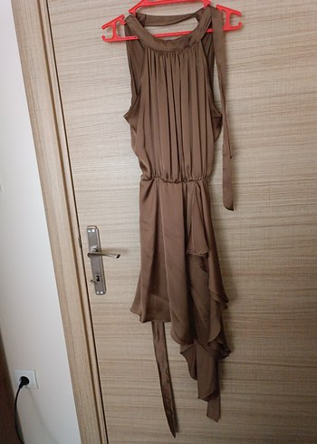 Kahverengi Saten Midi Elbise - Görsel 4