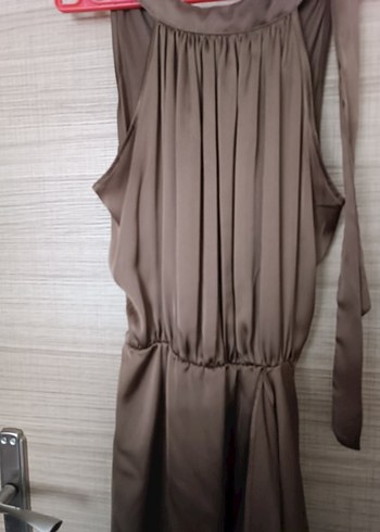 Kahverengi Saten Midi Elbise - Görsel 2