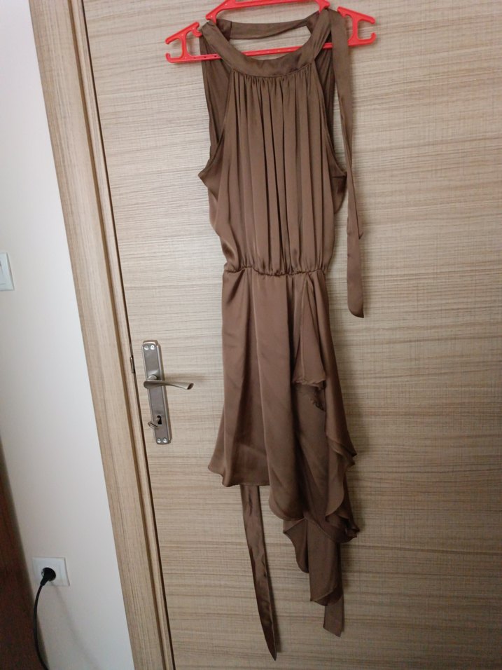 Kahverengi Saten Midi Elbise - Görsel 4