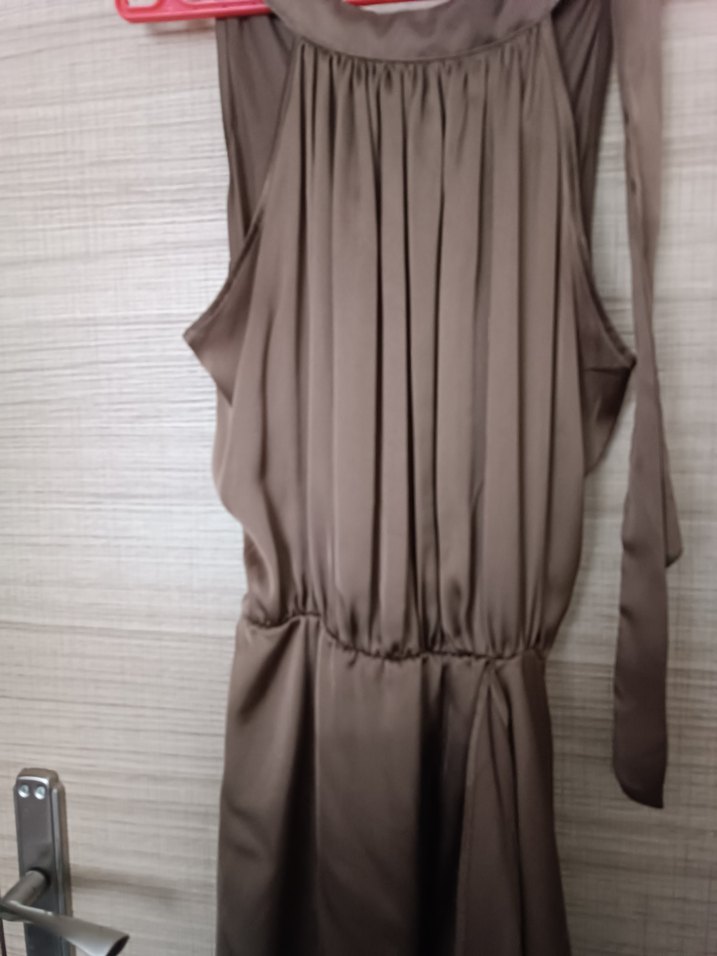 Kahverengi Saten Midi Elbise - Görsel 2