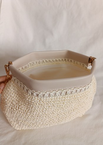 Boncuklu Bej Örgü Kadın Çanta - Görsel 4