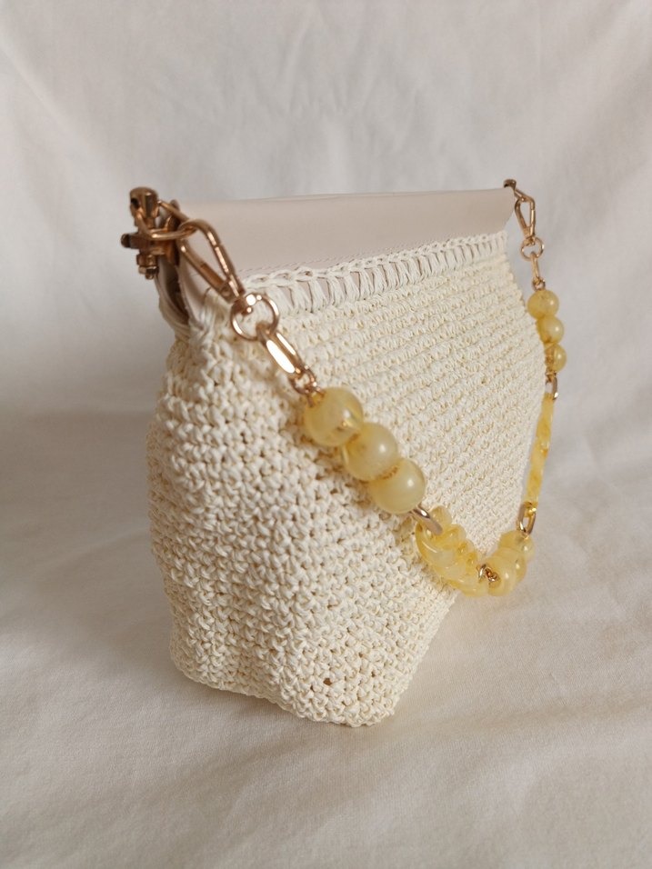 Boncuklu Bej Örgü Kadın Çanta - Görsel 3