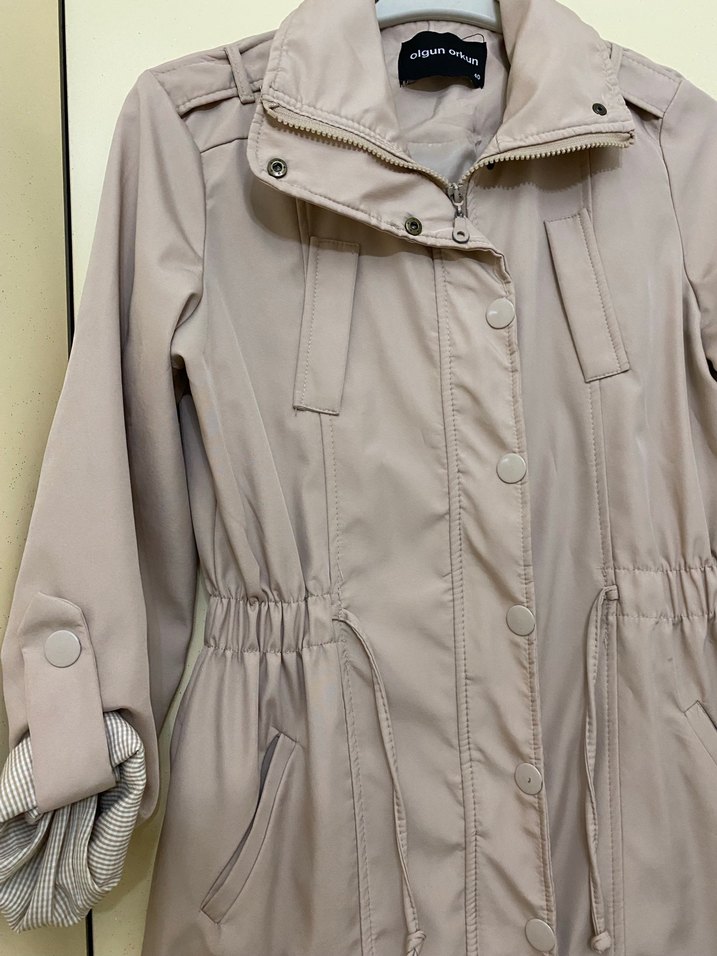 Pudra Midi Kadın trençkot , Düğmeli, Rahat Kesim - Görsel 3