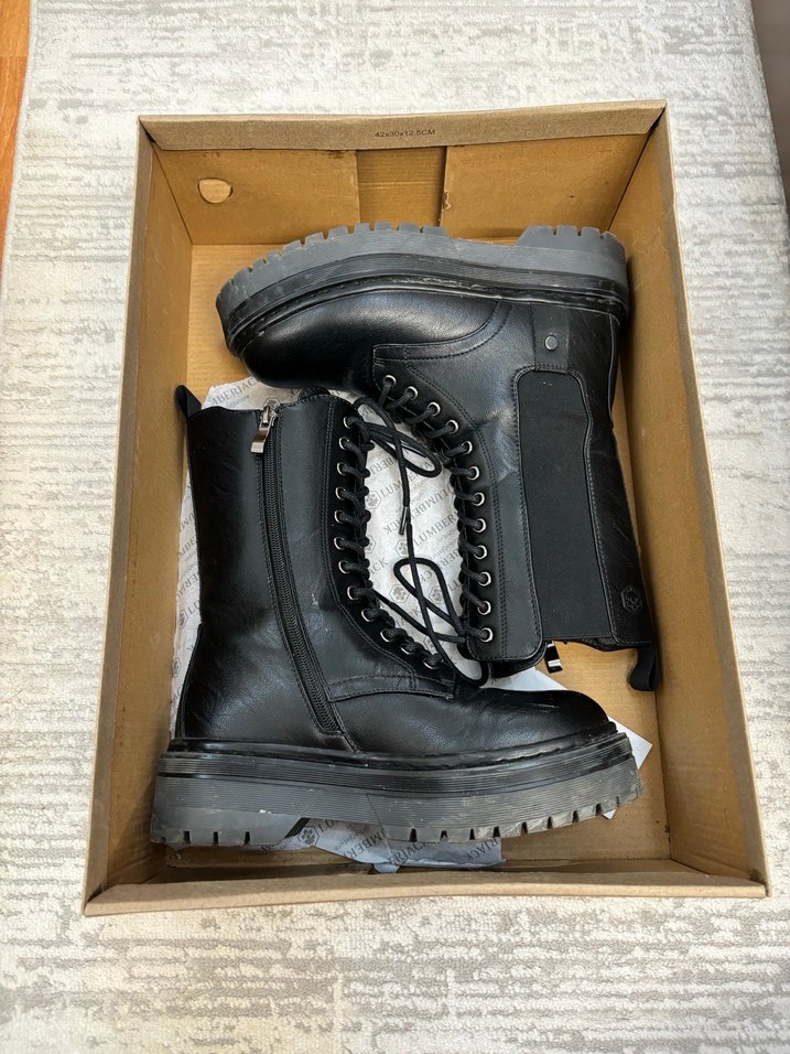 Siyah Deri Platform Topuklu Bağcıklı Goth Bot - Görsel 3