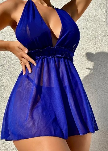 Parlak Saks Mini Boyun Bağlamalı Kadın Gecelik - Görsel 3