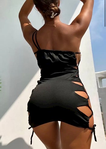 Siyah Yan Bağlamalı Mini Elbise - Görsel 4