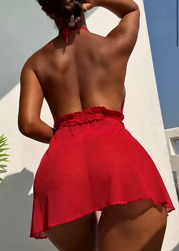 Kırmızı Mini Boyun Bağlamalı Kadın Gecelik - Görsel 2