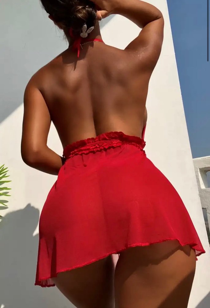 Kırmızı Mini Boyun Bağlamalı Kadın Gecelik - Görsel 2