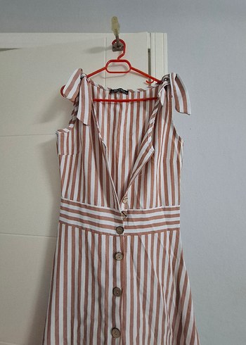 Bej Çizgili Pamuklu Uzun Elbise - Görsel 2