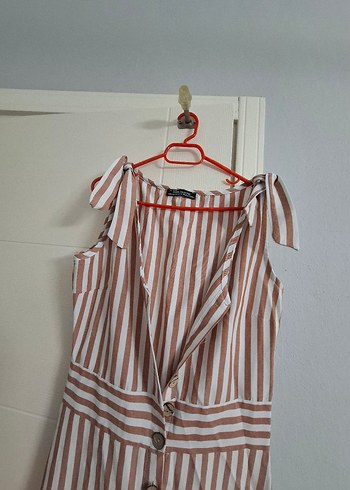 Bej Çizgili Pamuklu Uzun Elbise - Görsel 3