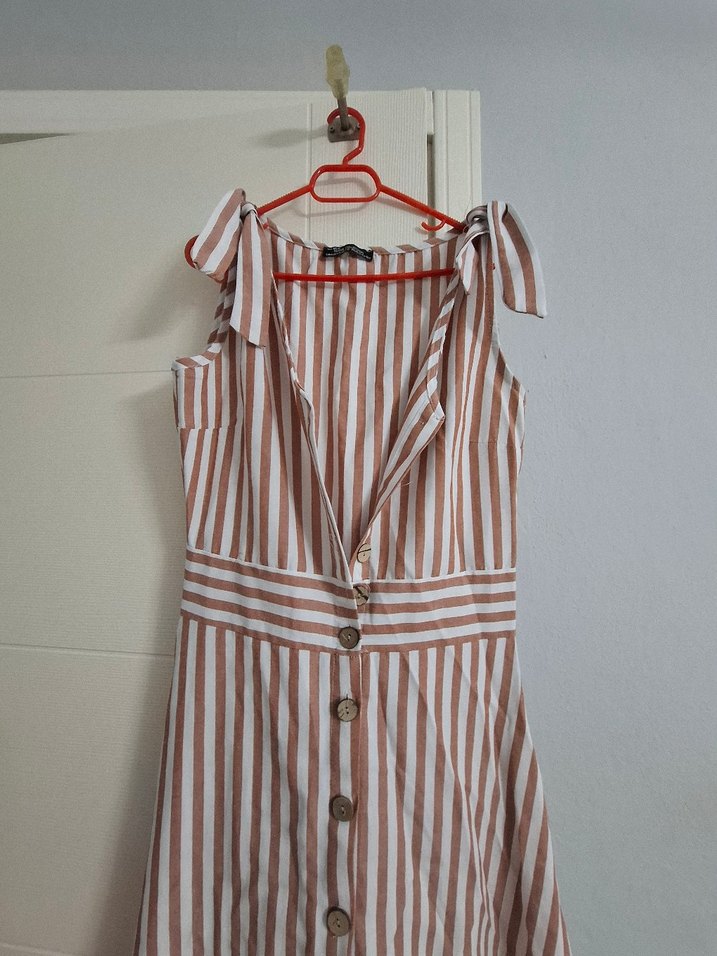 Bej Çizgili Pamuklu Uzun Elbise - Görsel 2