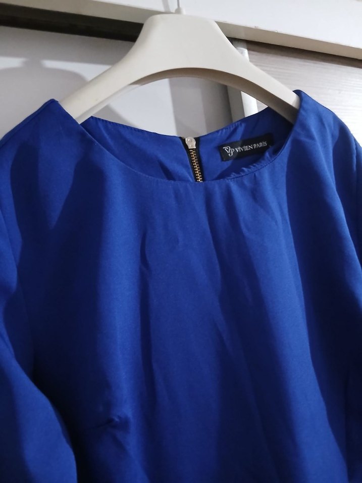 Kadın Mavi Uzun Kollu Drapeli Elbise - Görsel 3