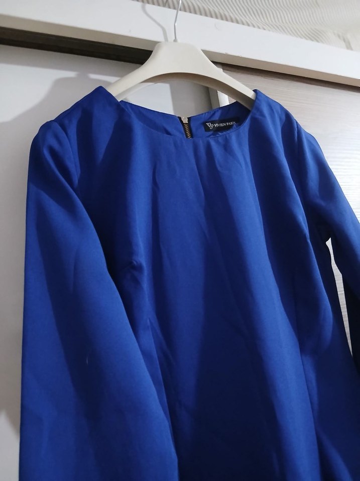 Kadın Mavi Uzun Kollu Drapeli Elbise - Görsel 2