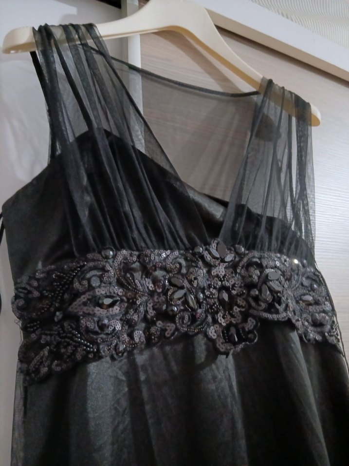 Nakışlı Siyah Straplez Midi Elbise - Görsel 4