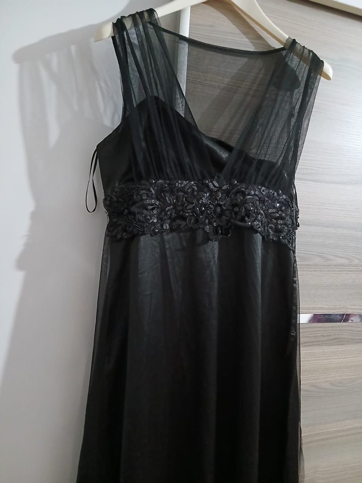 Nakışlı Siyah Straplez Midi Elbise - Görsel 3