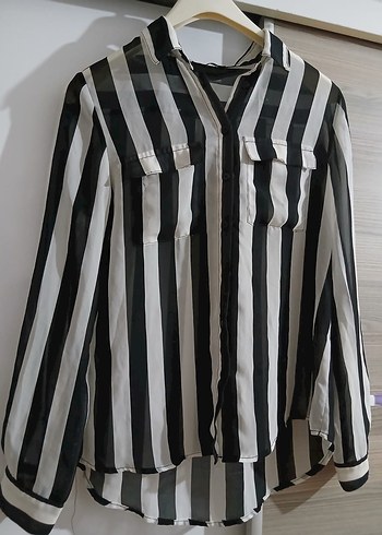 Gri-Beyaz Çizgili Kadın Uzun Gömlek - Görsel 2