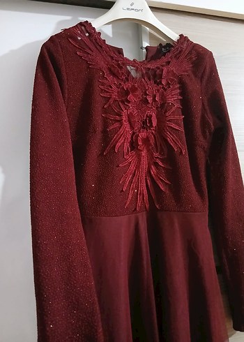 Bordo Uzun Kollu Nakışlı Abiye Elbise - Görsel 3