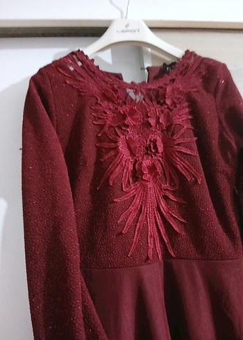 Bordo Uzun Kollu Nakışlı Abiye Elbise - Görsel 2