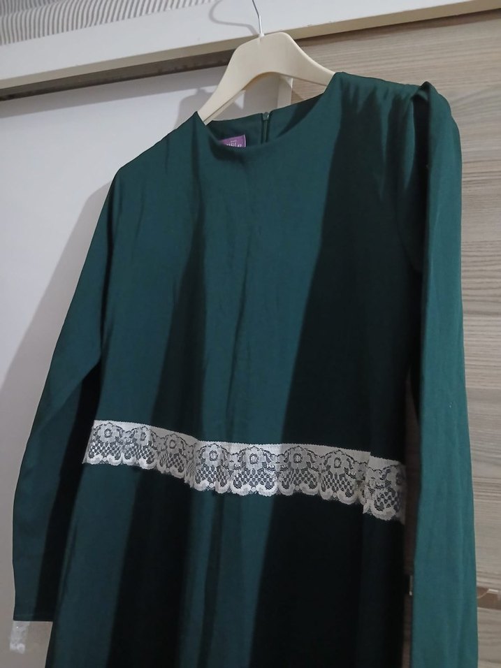 Uzun Kollu Yeşil Kadın Uzun Elbise - Görsel 3