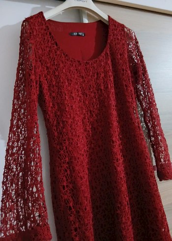 Bordo Dantel Midi Bohem Elbise - Görsel 2