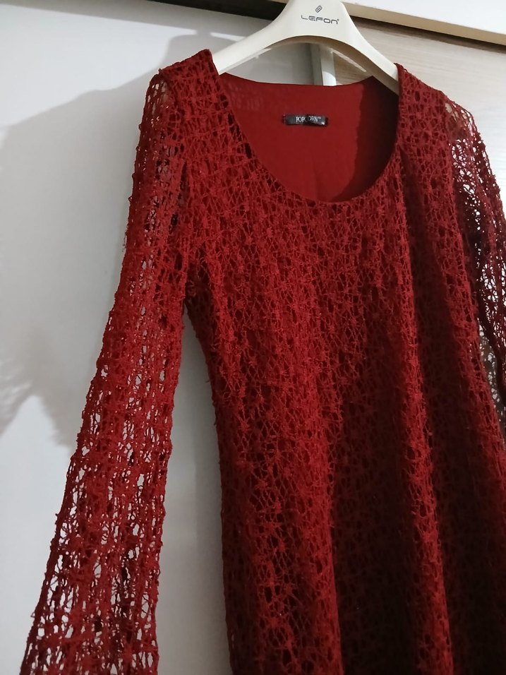 Bordo Dantel Midi Bohem Elbise - Görsel 3