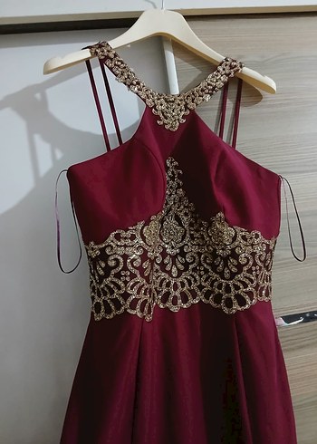 Bordo İşlemeli Uzun Abiye Elbise - Görsel 3