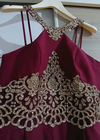 Bordo İşlemeli Uzun Abiye Elbise - Görsel 2