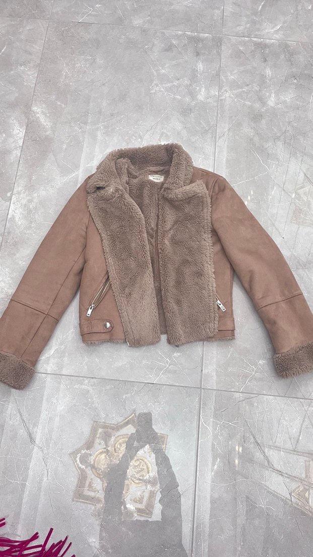 Kürklü Bej Süet Kadın Ceket - Görsel 4