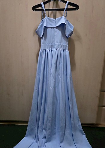 Kayık yaka Bebe  Mavisi Uzun Drapeli Kadın Abiye - Görsel 2