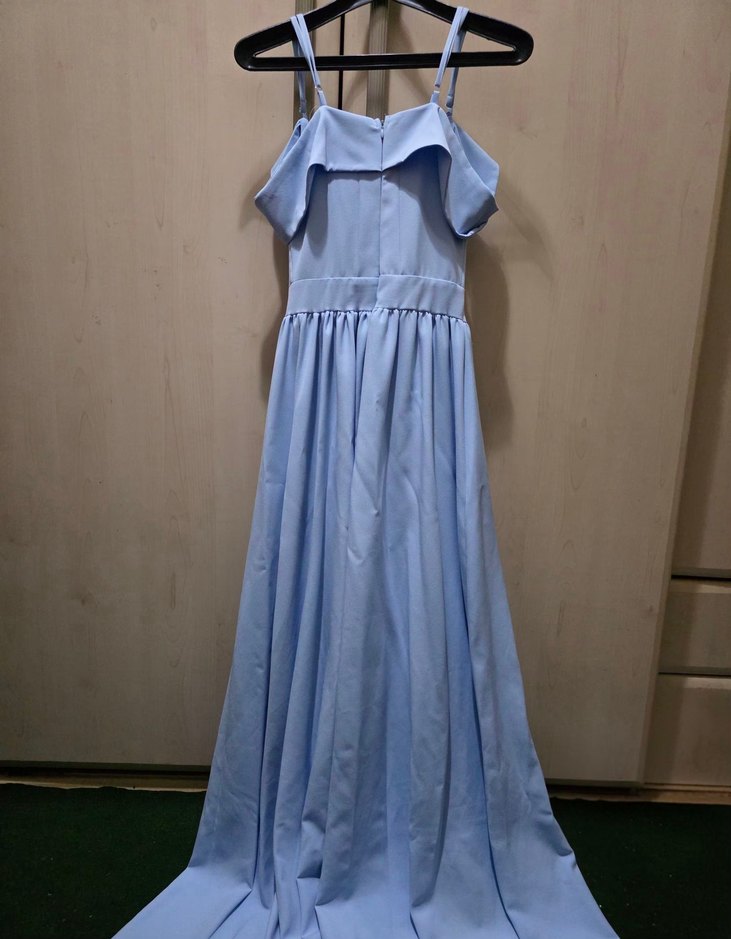 Kayık yaka Bebe  Mavisi Uzun Drapeli Kadın Abiye - Görsel 2