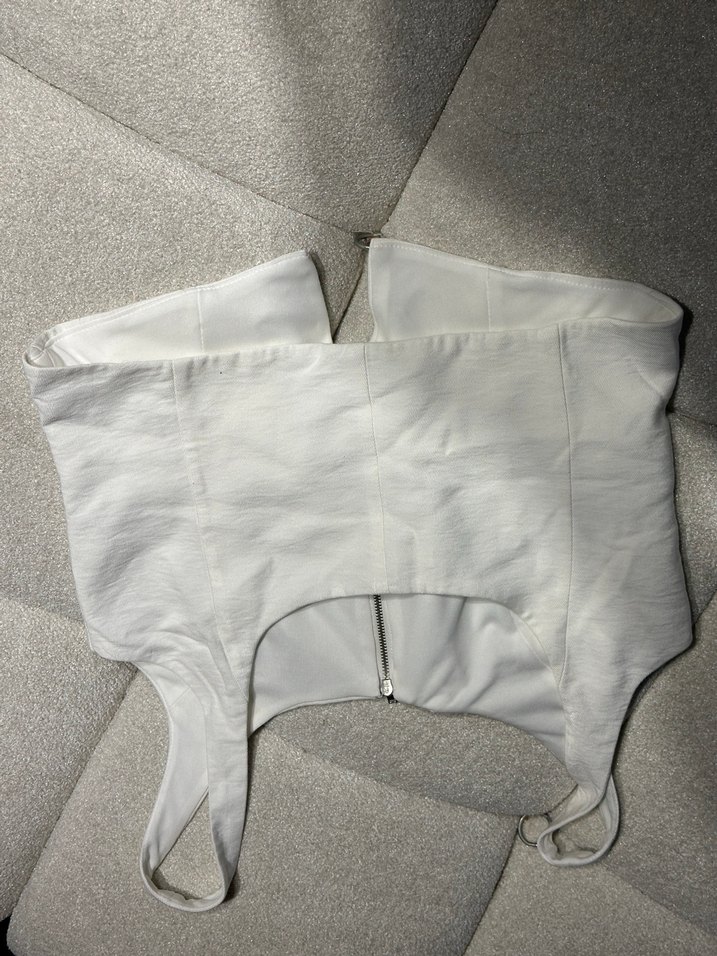 Fermuarlı Beyaz Keten Mini Büstiyer - Görsel 4
